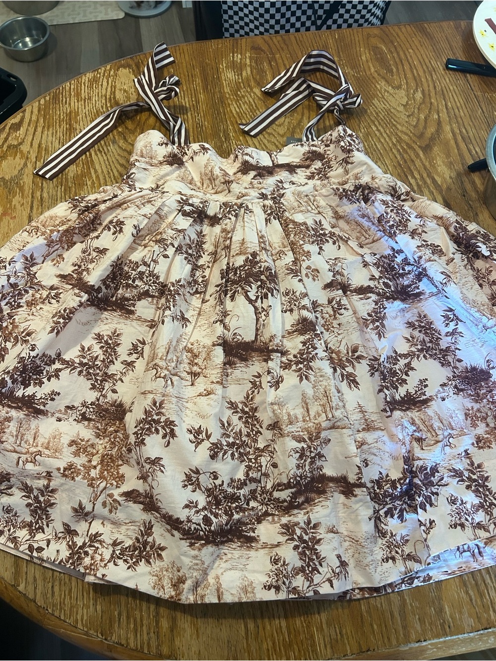 Anthropologie Cream Dress with Brown Toile Print and Striped Tie Straps